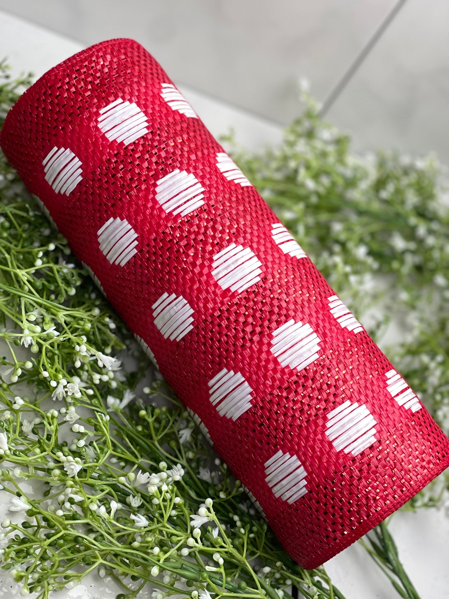 10 Inch by 10 Yard Red White Polka Dot Mesh