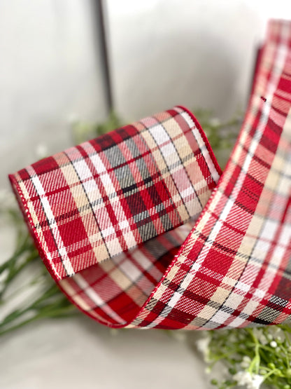 Red And Black 4 Inch Inverness Twill Plaid Wired Edge Ribbon