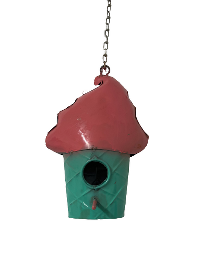 Pink And Blue Ice Cream Cone Metal Hanging Birdhouse