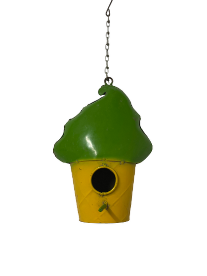 Yellow And Green Ice Cream Cone Metal Hanging Birdhouse