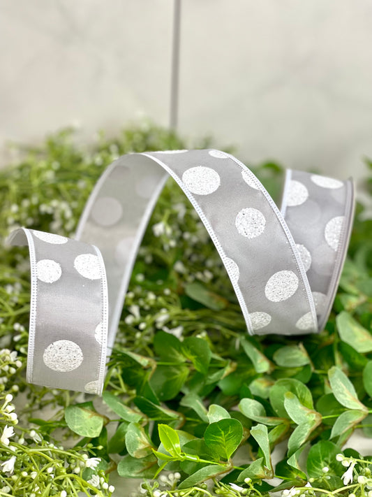 1.5 Inch Ribbon With Grey Background With White Glitter Polka Dots