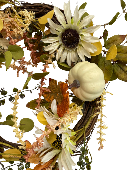 Floral White Pumpkin Sunflower Wreath