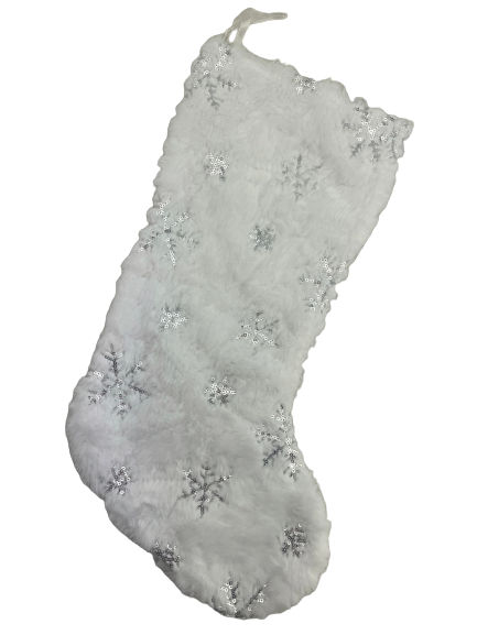 White Faux Fur Stocking With Snowflakes