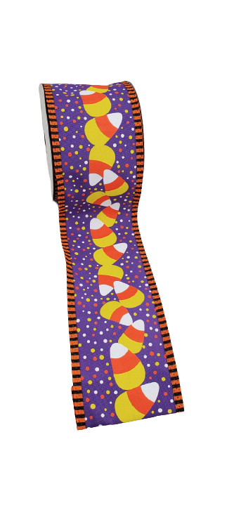2.5 Inch Candy Corn And Polka Dots On Purple Ribbon