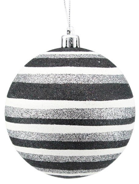 Black White Silver Glittered Horizontal Striped Ball Ornament
