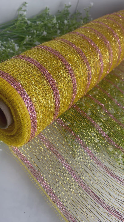 20" x 10 YDS Designer Netting Gold with Pink Stripes