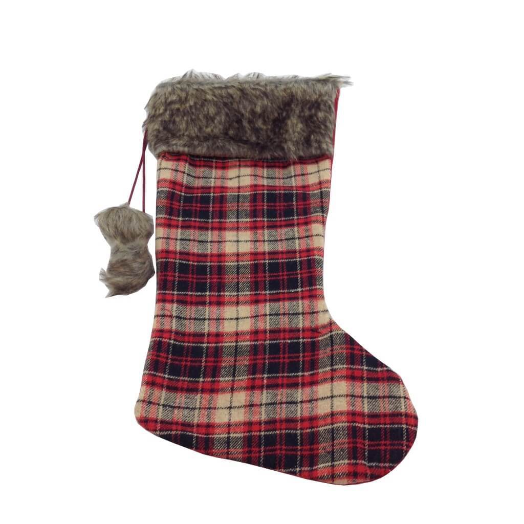 Fabric Christmas Stocking Red And Black Plaid with Faux Fur Top 2 Styles