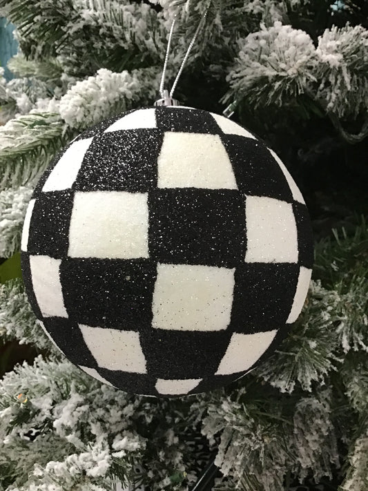 6 Inch Black White Checkered Glitter Ball Ornament