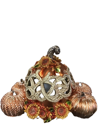 Hay & Harvest Textured Pumpkin Luminary Orange With Scroll Cut Outs