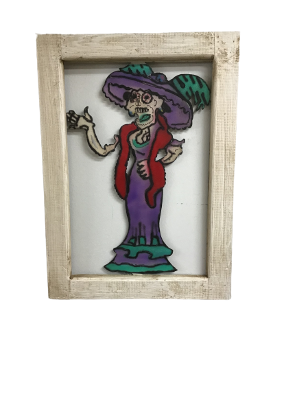 Sugar Skull Skeleton Metal In Wood Frame- Purple Dress