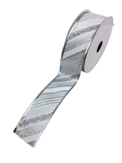 1.5 Inch White Silver Glittered Diagonal Stripe Ribbon