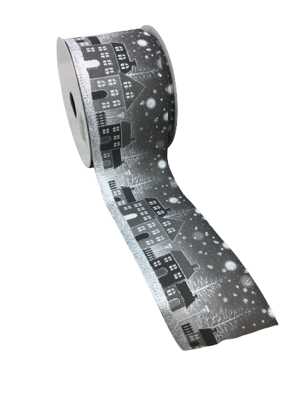 2.5 Inch Gray Silver Glitter Houses Ribbon