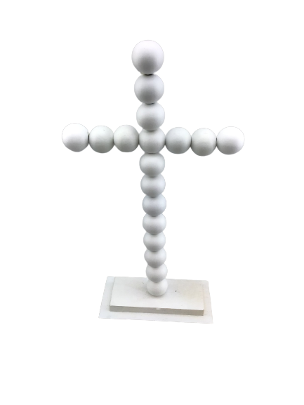 13 Inch White Tabletop Wood Bead Cross