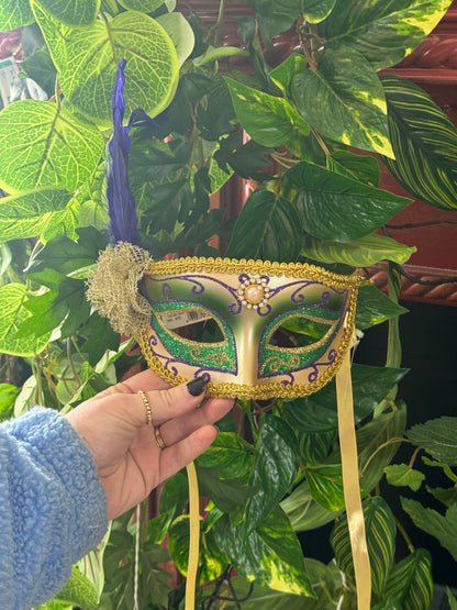 6.75 Inch Green Purple And Gold Deluxe Mardi Gras Mask