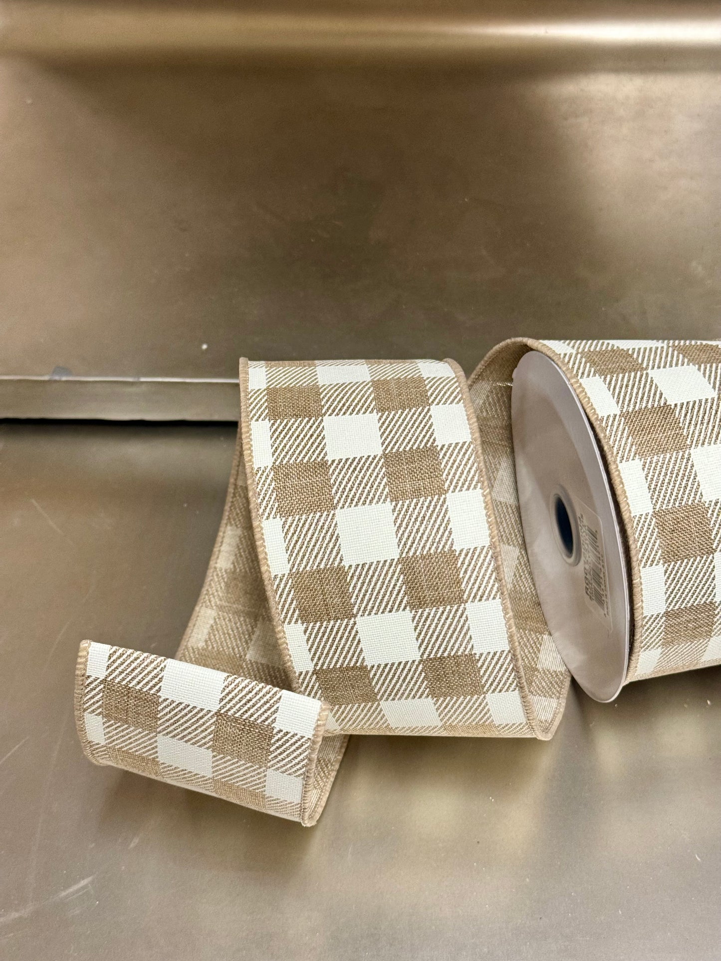 2.5 Inch By 10 Yard Light Beige And Ivory Check Ribbon