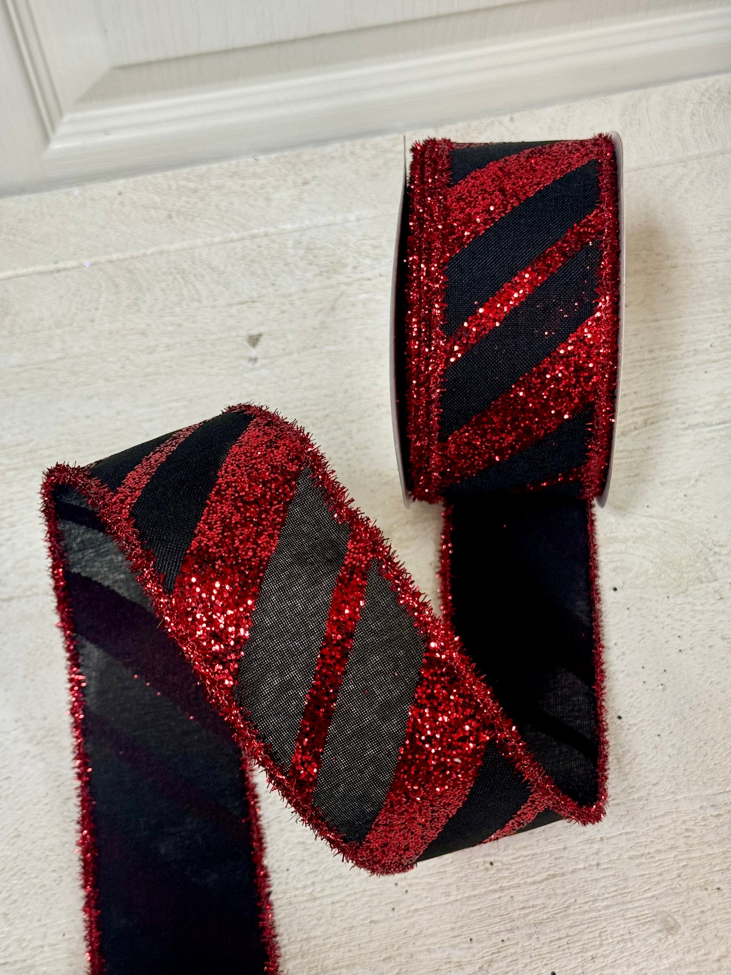 2.5 Inch By 10 Yard Black And Red Glitter Diagonal Stripe Ribbon With Tinsel Edging