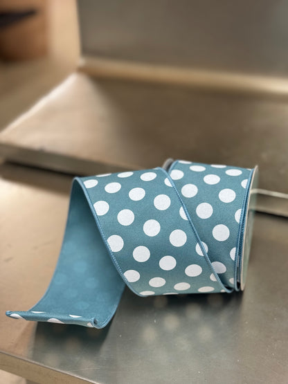 2.5 Inch By 10 Yard Smoke Blue And White Polka Dot Ribbon