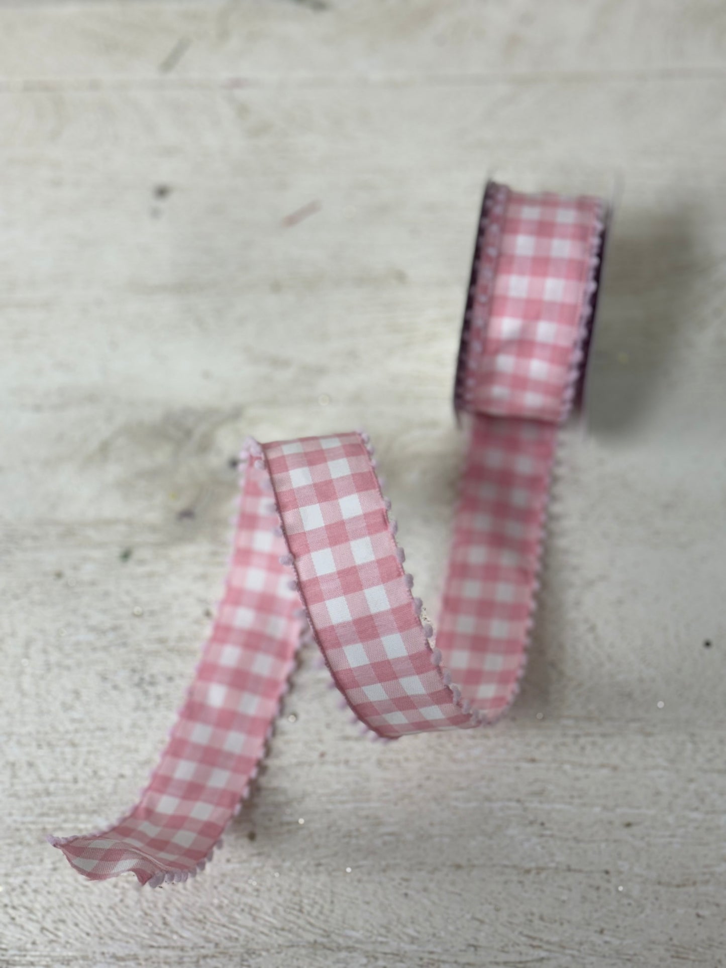 1.5 Inch By 10 Yard Pink And White Check Ribbon With White Pom Pom