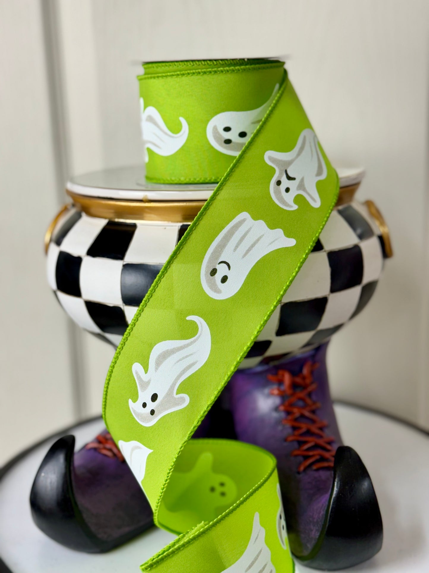 2.5 Inch By 10 Yard Lime Green Background With Ghost Ribbon