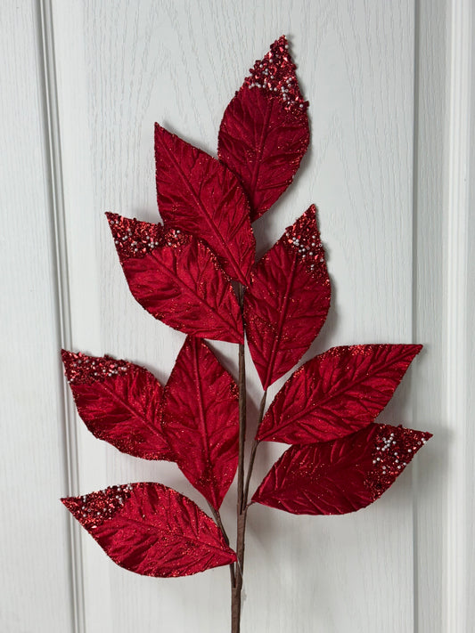 31.5 Inch Red Pressed Velvet Glitter Leaf Spray With Pearls