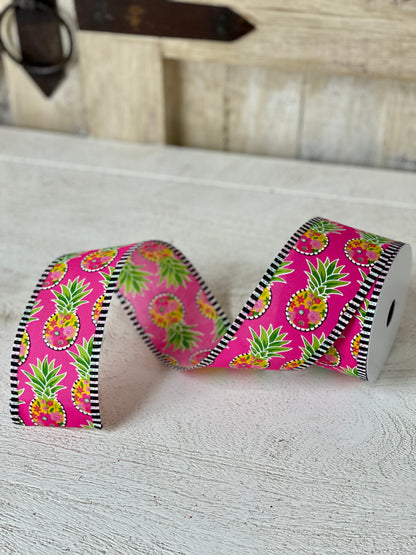 2.5 Inch By 10 Yard Pink Background With Pineapples Ribbon
