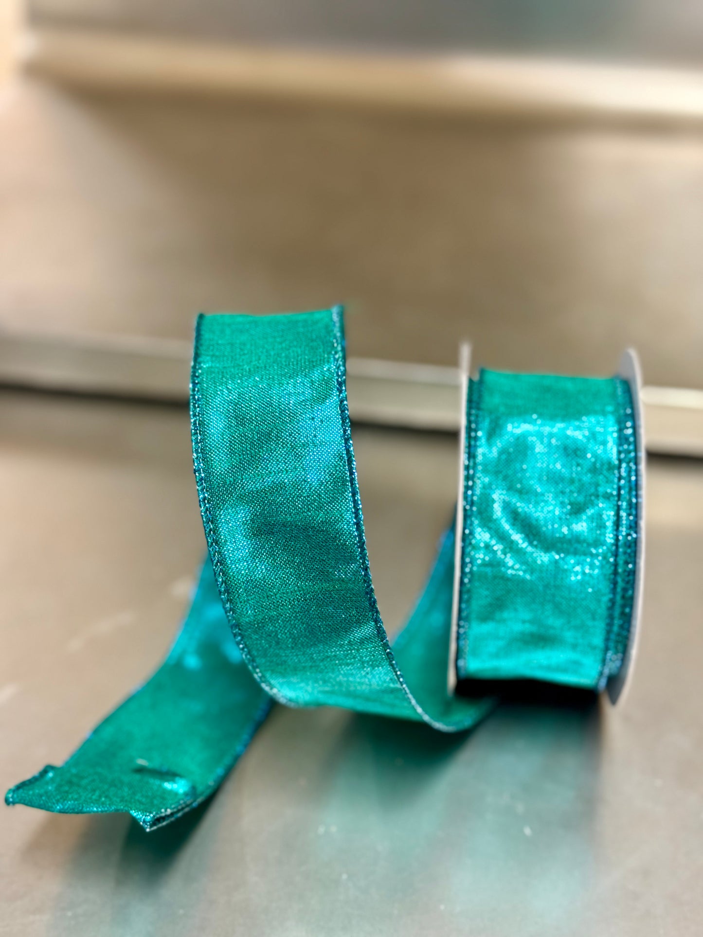 1.5 Inch By 10 Yard Turquoise Metallic Dupioni Ribbon