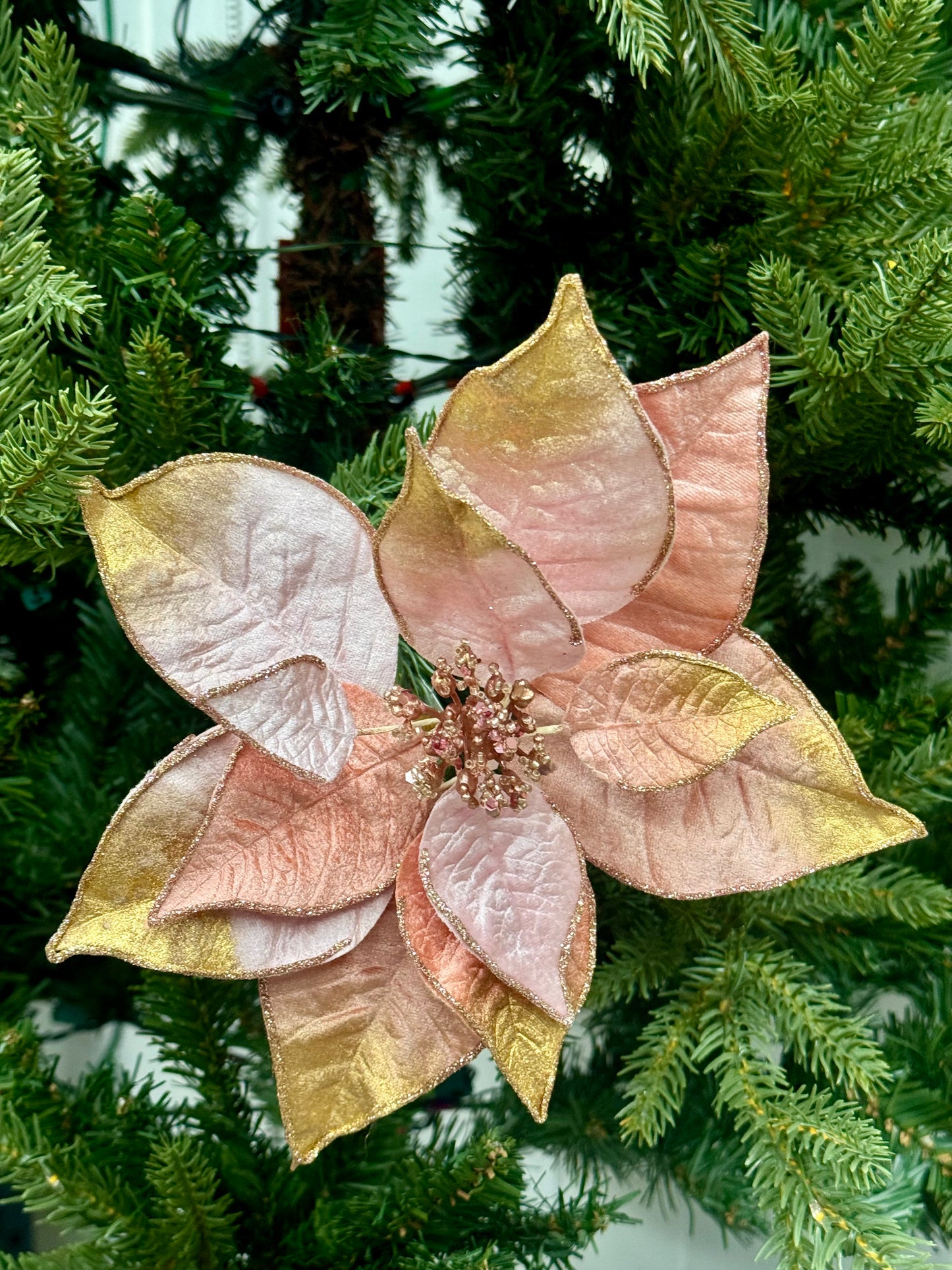 9 Inch Pink And Gold Poinsettia With Clip