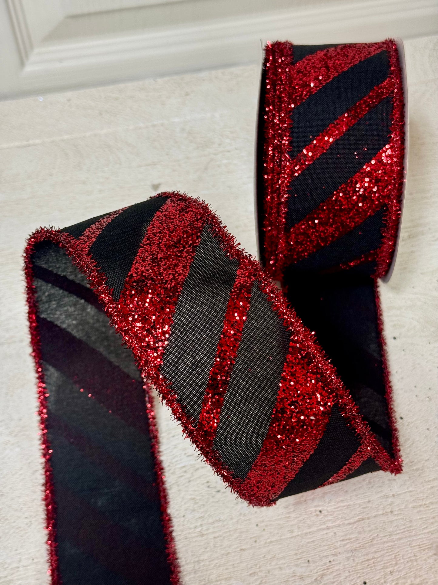 2.5 Inch By 10 Yard Black And Red Glitter Diagonal Stripe Ribbon With Tinsel Edging