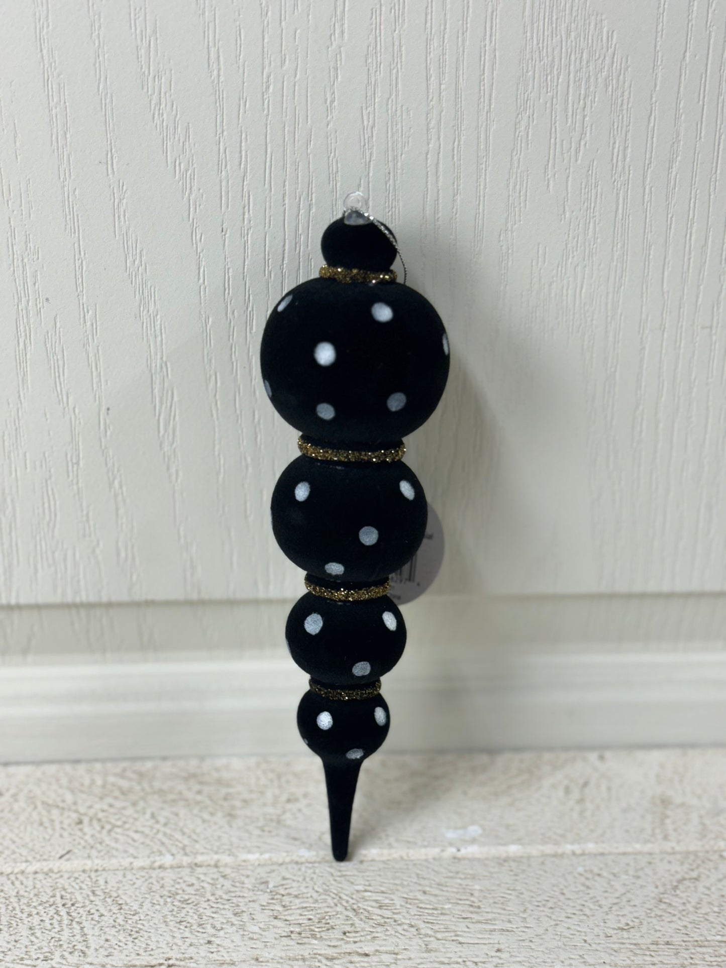 8 Inch Beautifully Black Felt Finial Ornament With White Polka Dots