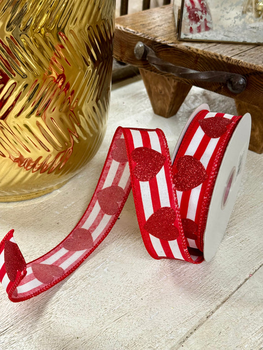 1.5 Inch By 20 Yard Red And White Heart Glitter Stripe Ribbon