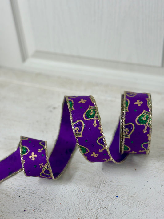 1.5 Inch By 10 Yard Purple Mardi Gras Crowns Ribbon