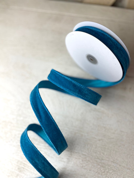 7/8 Inch By 10 Yard Teal Blue Velvet Ribbon With Satin Backing
