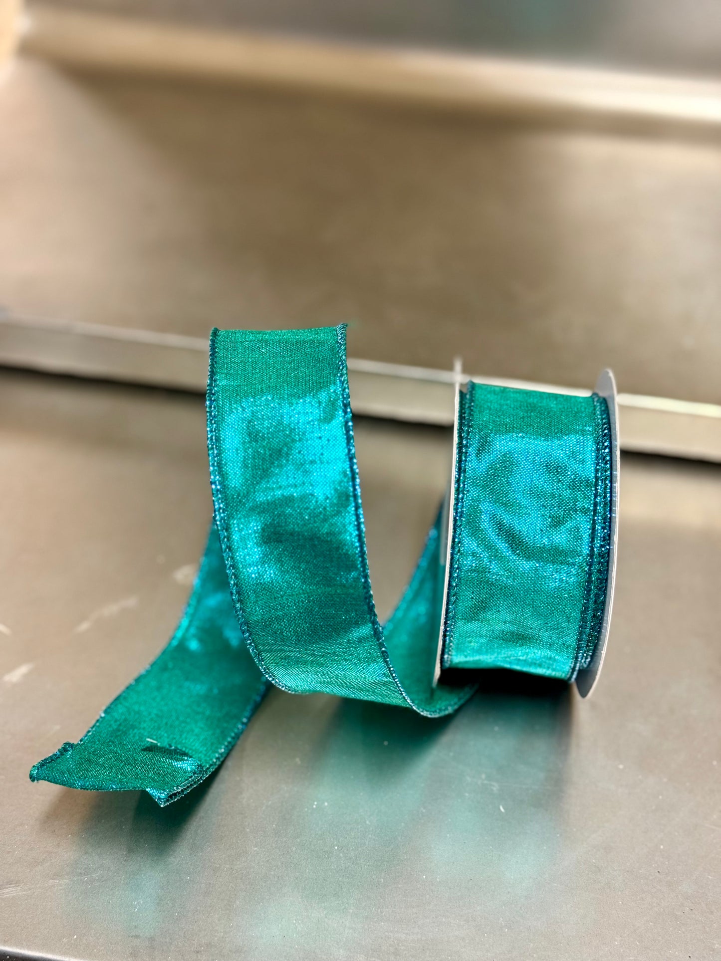 1.5 Inch By 10 Yard Turquoise Metallic Dupioni Ribbon