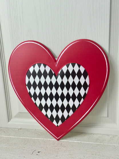 12 Inch Black And White Harlequin Red Heart Metal Sign