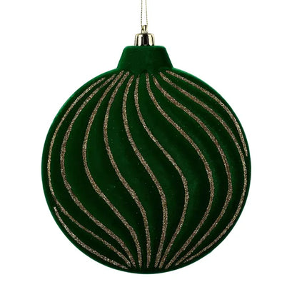 6 Inch Emerald Green And Gold Flocked Glitter Stripe Flat Ornament