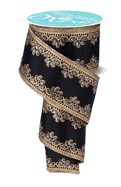 2.5 Inch By 10 Yard Black Gold And Champagne Lux Scallop Trim Ribbon
