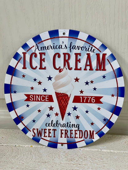 8 Inch Red White Blue Americas Favorite Ice Cream Metal Wreath Sign