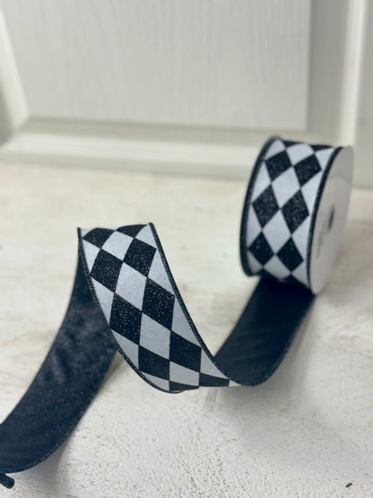 2 Inch By 10 Yard Black And White Harlequin Double Layer Ribbon