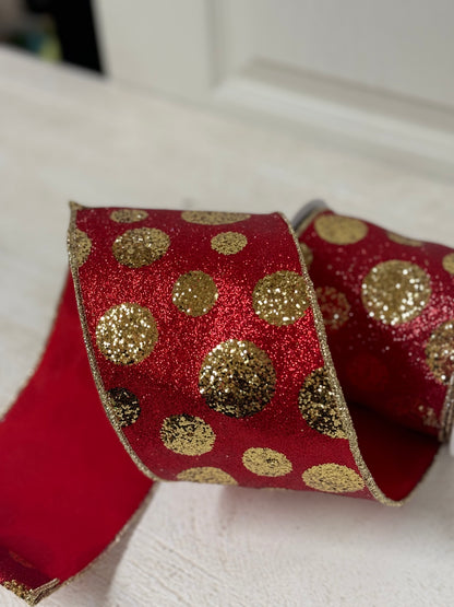 4 Inch By 10 Yard Red And Gold Glitter Giant Polka Dot Ribbon