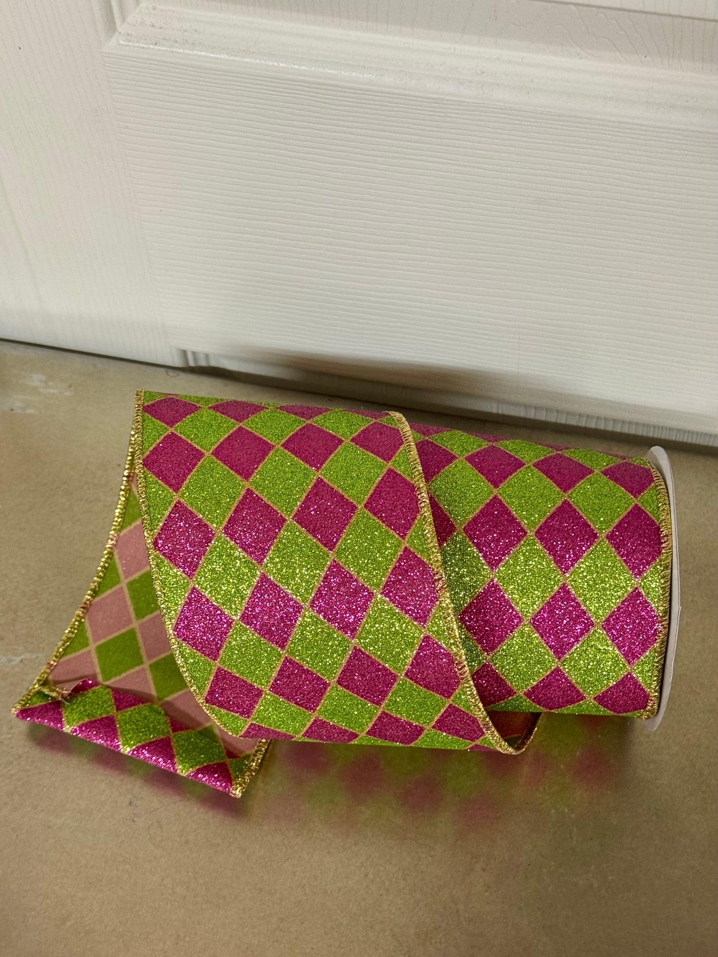 4 Inch By 10 Yard Hot Pink And Lime Glitter Harlequin Ribbon