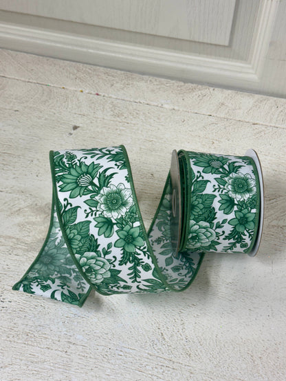 2.5 Inch By 10 Yard Sage Green And White Chinoiserie Florals Ribbon