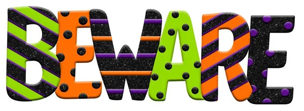 19 Inch Purple Green And Orange Beware Metal Embossed Sign