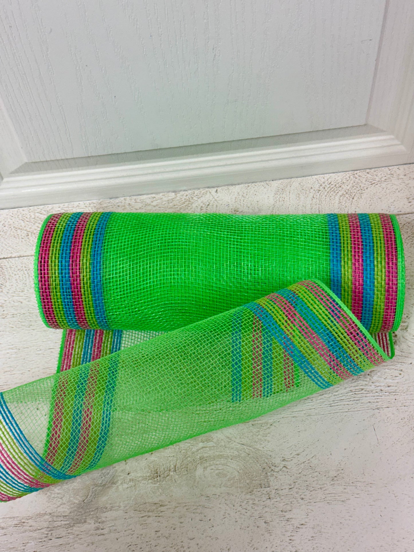 10 Inch By 10 Yard Lime Green Jute With Hot Pink Blue Lime Border Stripe Netting