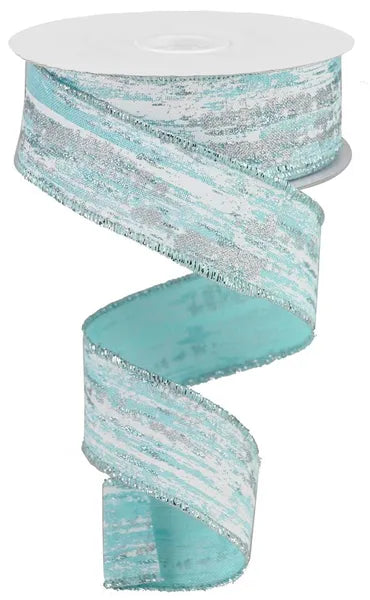 1.5 Inch By 10 Yard Ice Blue White And Silver Glitter Metallic Streaks Ribbon