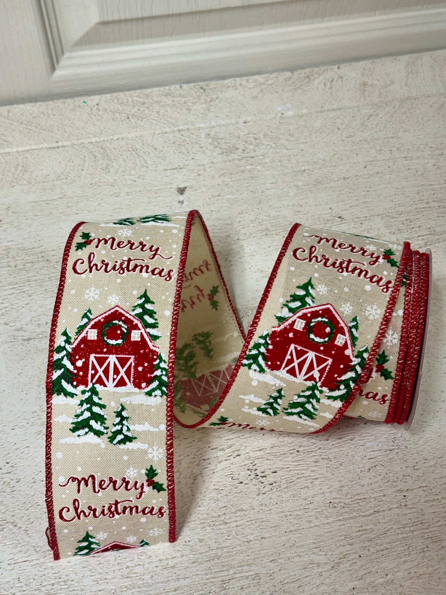 2.5 Inch By 10 Yards Merry Christmas Barn Ribbon