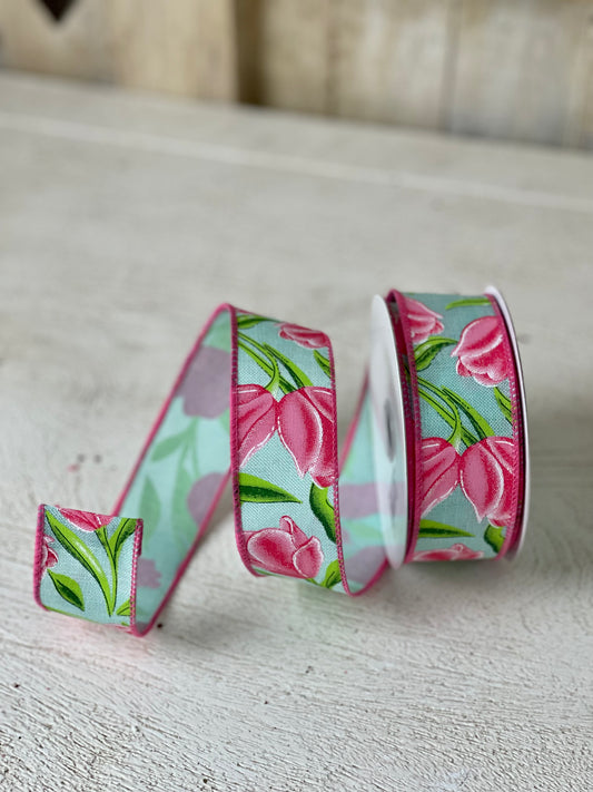 1.5 Inch By 10 Yard Mint Background With Pink Tulips Ribbon