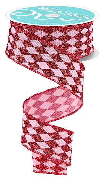 1.5 Inch By 10 Yard Rose Pink And Red Glitter Harlequin Ribbon