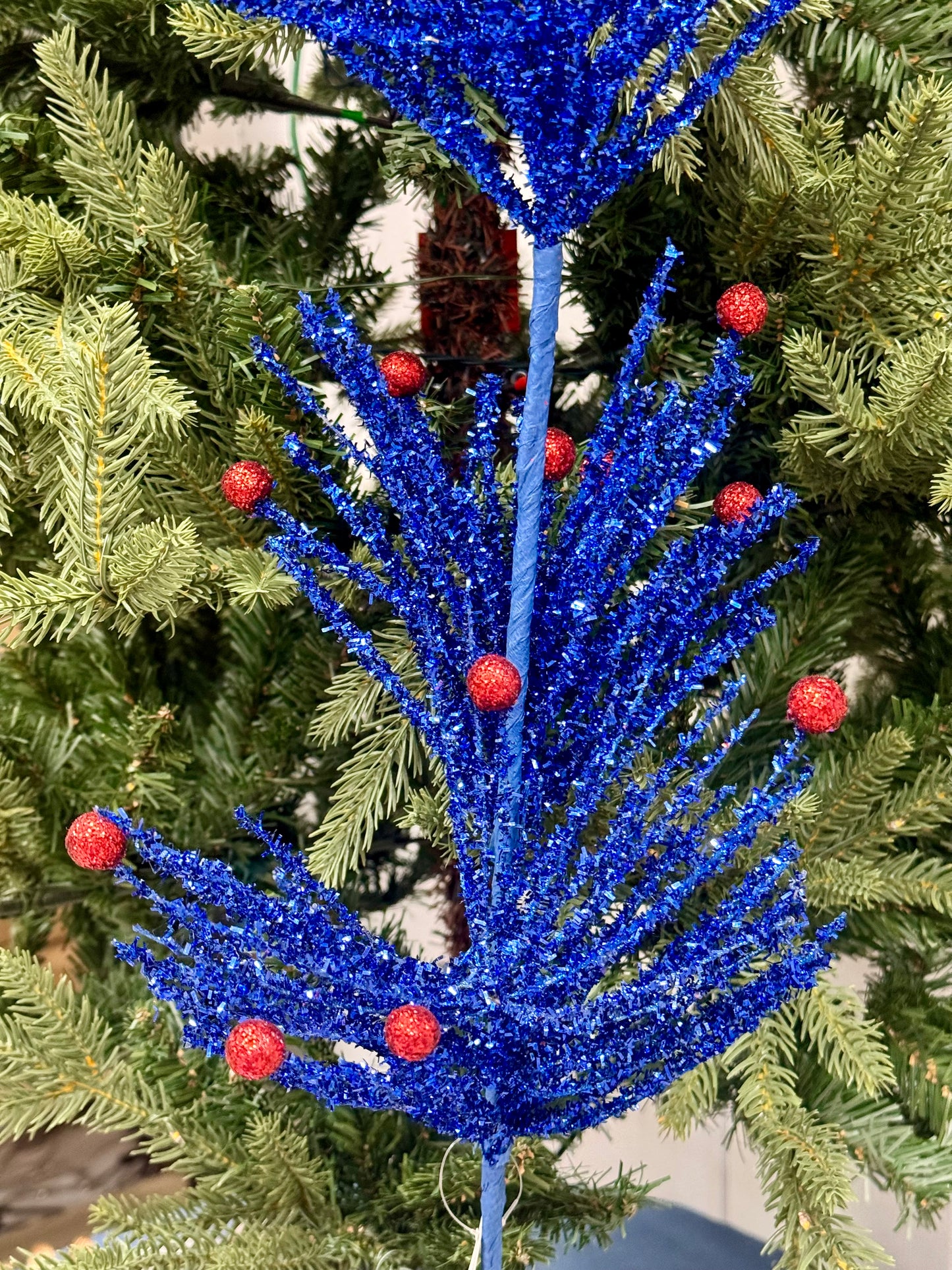 25 Inch Royal Blue And Red Glitter Pine Spray