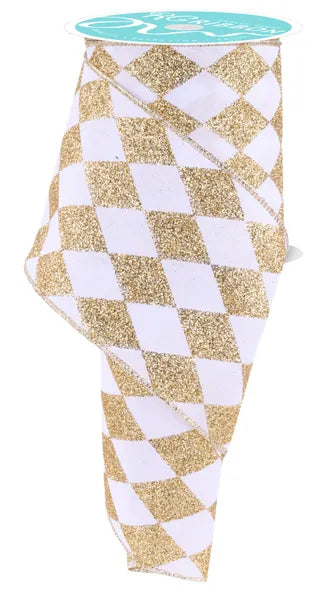 4 Inch By 10 Yard White And Gold Harlequin Check Ribbon