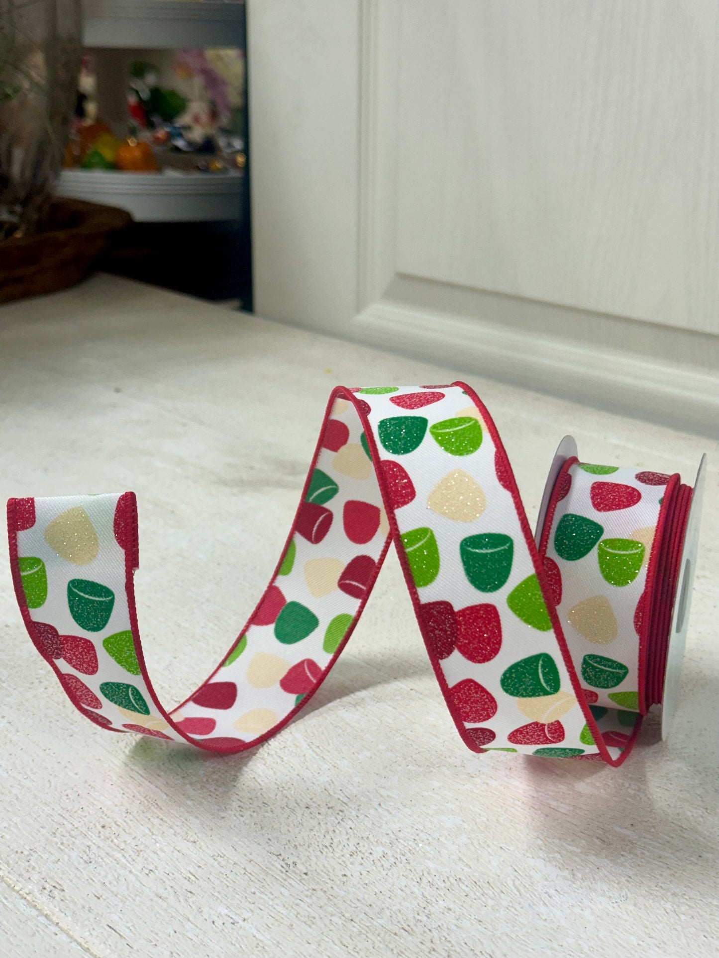 1.5 Inch By 10 Yard Red Green Cream Glitter Gumdrops Ribbon